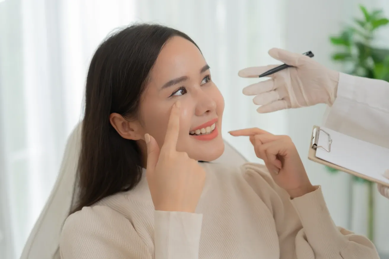 Patient discussing her beauty goals with her plastic surgeon